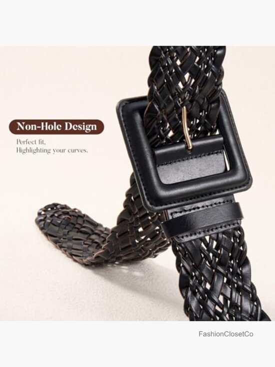 Wide Braided Leather Belt with Square Buckle - Adjustable Woven Waistband